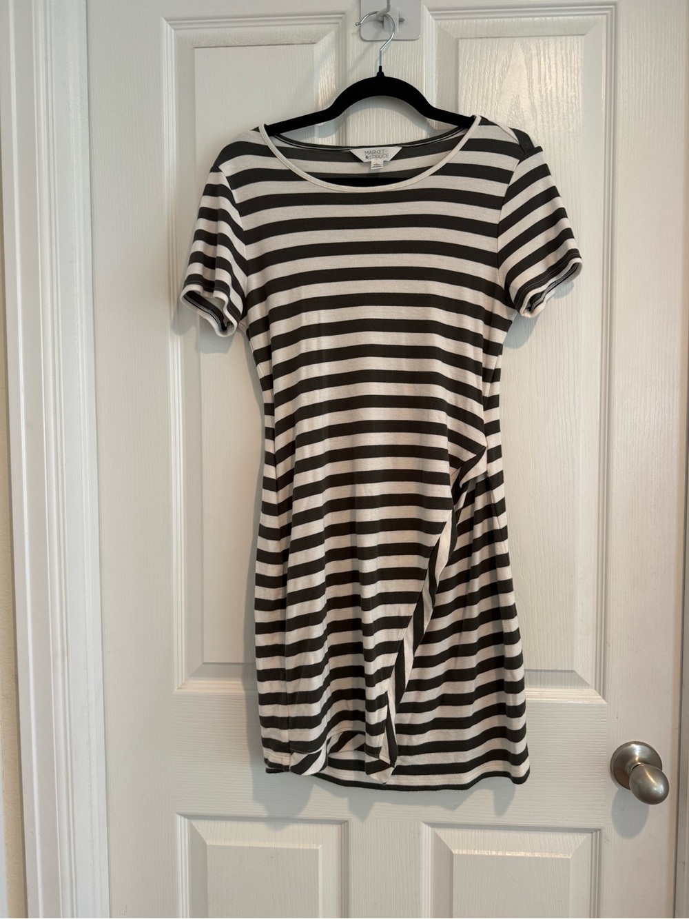 Striped Short Sleeve T-Shirt Dress -  Olive Green & White